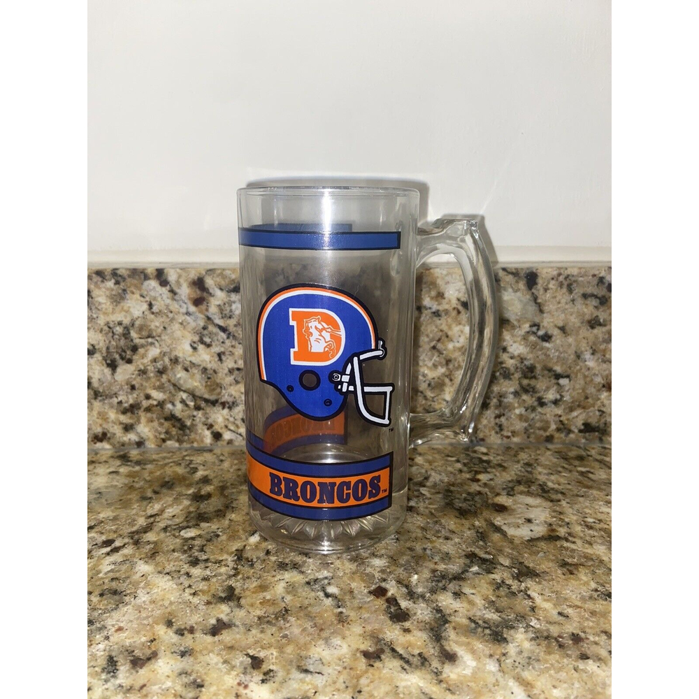 Vintage NFL Denver Broncos Glass Beer Stein Mug With Thumbprint Handle 12 OZ
